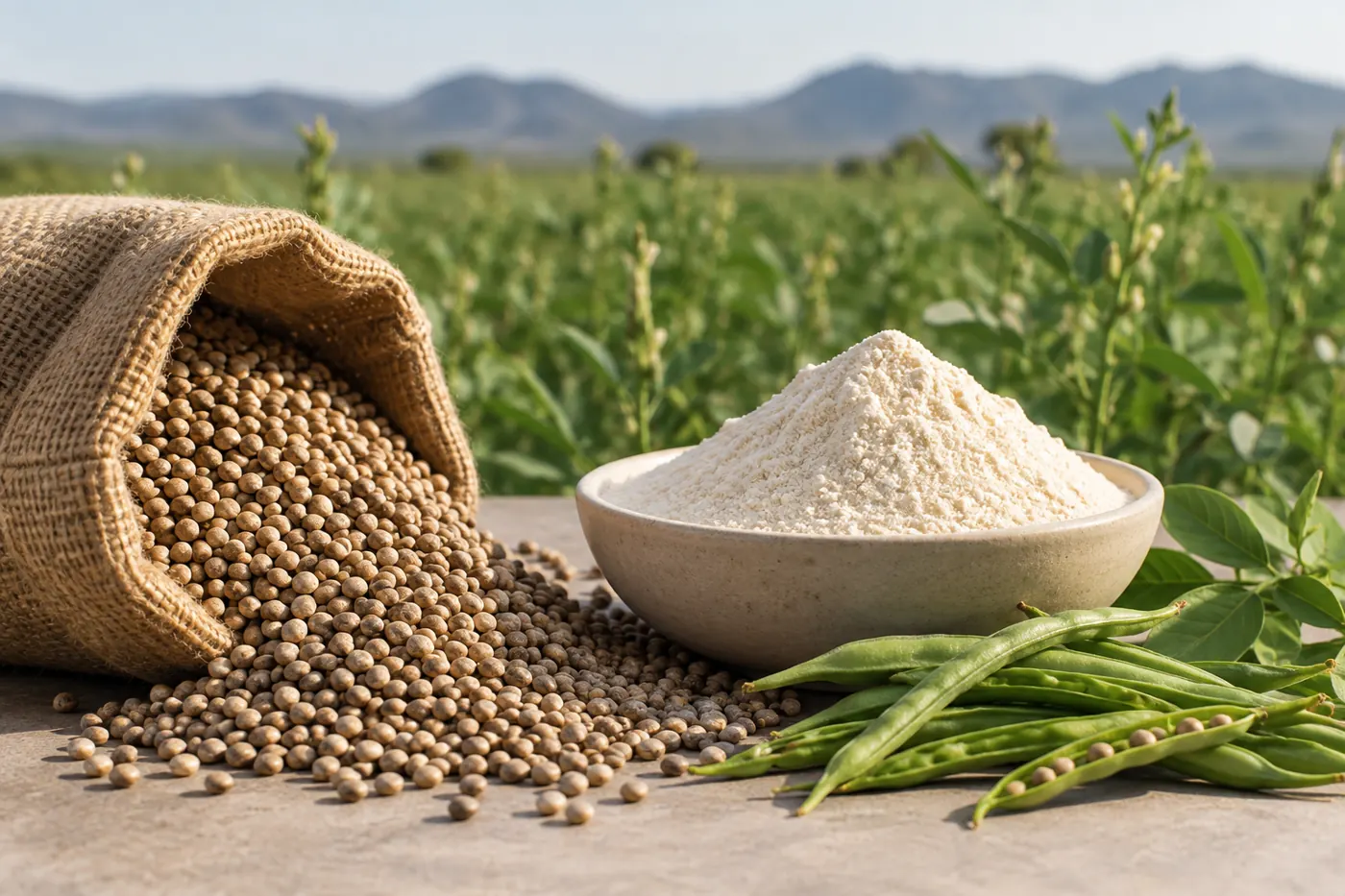 Guar seeds, pods and guar gum powder